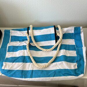 Family Blue and White Striped Beach Bag with Rope Straps